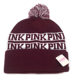PINK Beanie Pom Pom Hat Burgundy Knit Beanie NWT